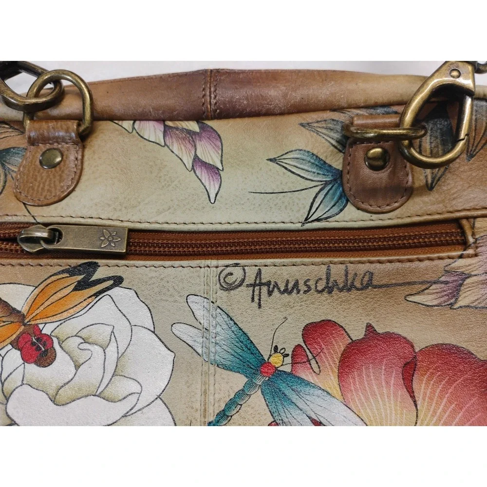 ANUSCHKA Leather Shoulder Bag Hand Painted Colorful Dragonfly & Floral Design‎